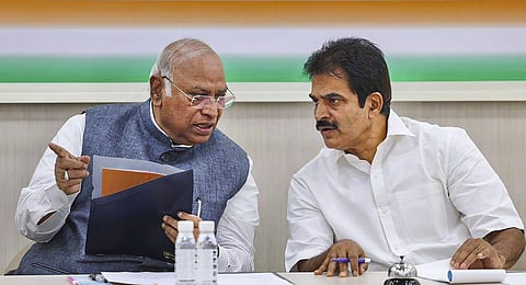 Congress President Mallikarjun Kharge (L) and party leader KC Venugopal during a meeting with leaders of Maharashtra Congress, in New Delhi, Tuesday, July 11, 2023. (Photo | PTI)