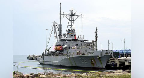 USNS Salvor, arrived at Kattupalli shipyard, becoming the first vessel to come for repairs after signing the MSRA accord, on Monday. (Photo | P Ravikumar, EPS)