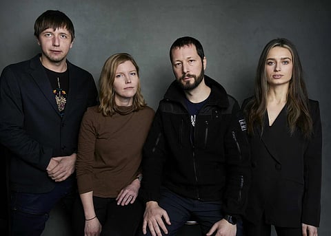 Photographer Evgeniy Maloletka, from left, 'Frontline' producer/editor Michelle Mizner, director Mstyslav Mizner, director Mstyslav Chernov, and field producer Vasilisa Stepanenko. (Photo | AP)