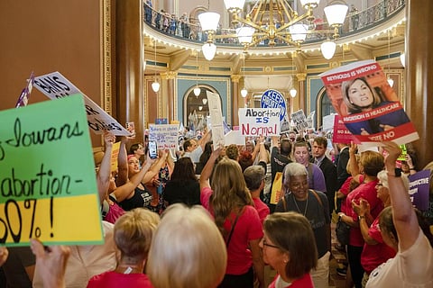 Protestors fill the Iowa State Capitol rotunda, as the Iowa Legislature convenes for a special session to pass a 6-week 'fetal heartbeat' abortion ban Tuesday, July 11, 2023. (Photo | AP)