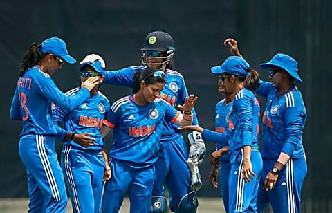 Team India during a T20 cricket match against Bangladesh, at Sher-e-Bangla National Cricket Stadium, in Mirpur, Sunday, July 9, 2023. (PTI)