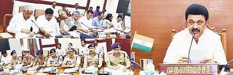 Chief Minister MK Stalin chairing a high-level meeting on law-and-order situation at the secretariat on Tuesday | express