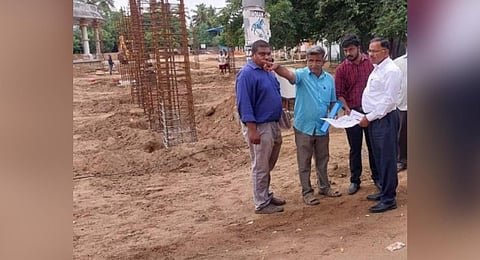 ​  Mayiladuthurai District Collector inspecting works on the Poompuhar Heritage City project on Tuesday. Express  ​