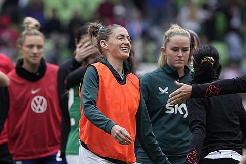 Republic of Ireland's Sinead Farrelly, center, greets players after the team's match with the United States in an international friendly soccer match in Austin, Texas, April 8, 2023. (Photo | AP)