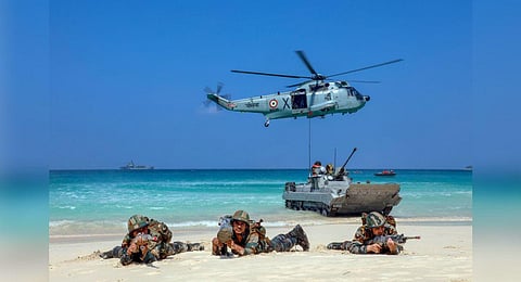 FILE - An image of the tri-service (Army, Navy and Air Force) joint exercise held in Andaman and Nicobar islands, used for representational purposes only. (Photo | PTI)