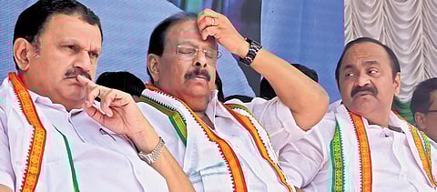 State Congress president K Sudhakaran (middle), V D Satheesan (right) and MP K Muraleedharan (left)at the day-long silent satyagraha organised by the party in Thiruvananthapuram. (Photo | B P Deepu)