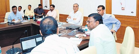Finance and Health Minister Harish Rao holds a high-level review meeting with officials at the Secretariat on Wednesday. (Photo | Express)