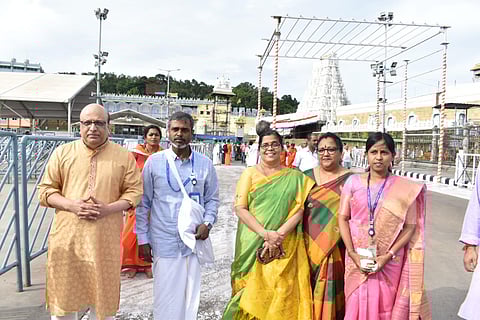 Scientists from the Indian Space Research Organisation (ISRO) at the Lord Venkateswara temple in Tirumala on Thursday, July 13, 2023. (Express Photo)