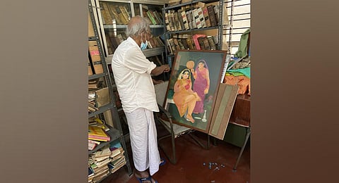 Manjippuzha Natarajan shows one of his artwork. (Photo Express)