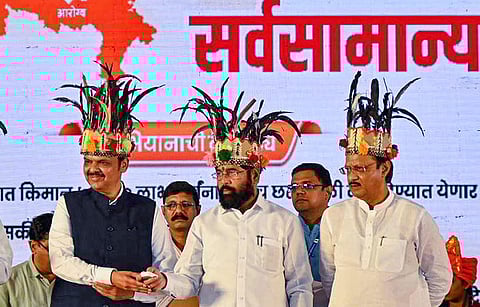 FILE - Maharashtra Chief Minister Eknath Shinde (C), with Deputy Chief Ministers Ajit Pawar (R) and Devendra Fadnavis (L), July 8, 2023. (Photo | PTI)