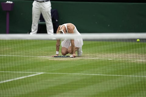 Czech Republic's Marketa Vondrousova celebrates after beating Ukraine's Elina Svitolina in the women's semifinal singles match, Wimbledon, July 13, 2023. (Photo | AP)