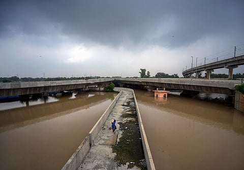 Under-construction flyovers are seen partially submerged in floodwaters after levels of the Yamuna river rose to an all-time high of 207.55 metres (Photo | PTI)