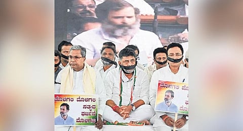 ​  Congress leaders, including CM Siddaramaiah, DyCM DK Shivakumar and party general secretary Randeep Surjewala protest in Bengaluru on Wednesday | Shashidhar Byrappa  ​