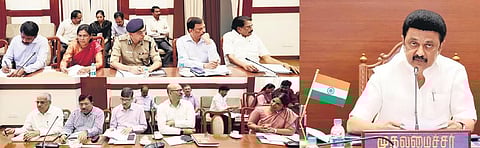 Chief Minister MK Stalin taking part in a meeting to review the functioning of Mudhalvarin Mugavari department, in Chennai on Thursday | Express