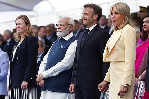 Prime Minister Narendra Modi, and French President Emmanuel Macron at the annual Bastille Day military parade. (Photo | AP)