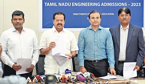 K Ponmudy releasing the schedule of TNEA counselling at the Directorate of Technical Education in Guindy on Thursday | Ashwin prasatRASATh