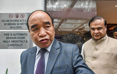In this September 2022 image, Mizoram CM Zoramthanga and Assam Chief Minister Himanta Biswa Sarma after a meeting on Assam-Mizoram border issue, in New Delhi. (Photo | PTI)