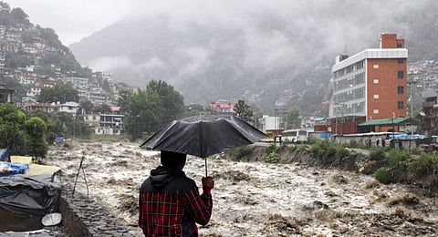 A man looks at a swollen Beas River following heavy rains in Kullu, Himachal Pradesh, July 9, 2023. (Photo | AP)