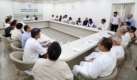 Congress leaders from northeastern states meet with party president Mallikarjun Kharge at the AICC headquarters in Delhi. (Photo | Twitter @INCIndia)