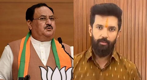 FILE - A collage of BJP national president JP Nadda and LJP (Ram Vilas) chief Chirag Paswan, used for representational purposes only.