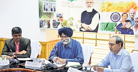 Amardeep Singh Bhatia, additional secretary in charge of plantations, aalong with Neeraj Gaba, director, plantation, interacting with stakeholders. (Photo | Express)