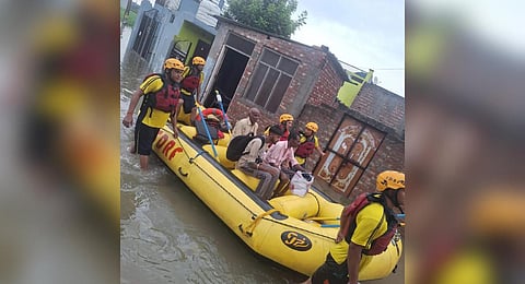 Rescue and relief operations are continuing by SDRF in flood affected Laksar and surrounding areas. (Photo | EPS)