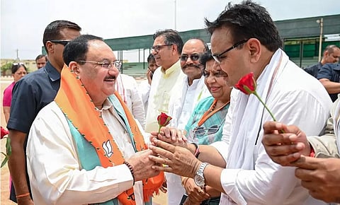 Nadda was given a warm welcome at the Jaipur airport by party leaders. (Photo | PTI)