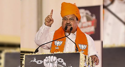 BJP National President J.P. Nadda speaks during the launch of party's campaign 'Nahi Sahega Rajasthan' at a rally in Jaipur. (Photo | PTI)