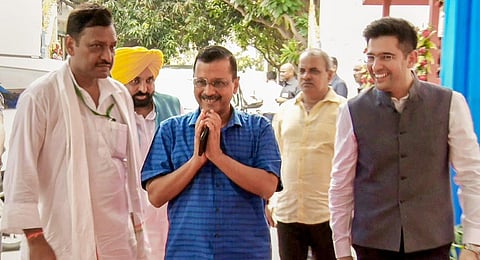 FILE - Delhi Chief Minister and AAP Convener Arvind Kejriwal (C) arrives to attend the opposition parties' meeting, in Patna, Friday, June 23, 2023. (Photo | PTI)