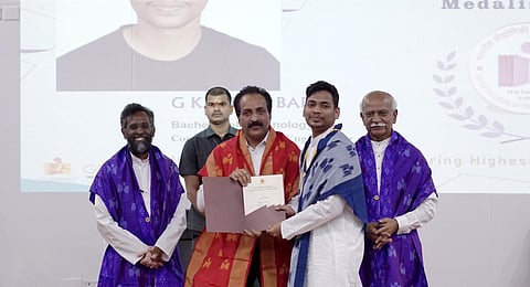 S Somnath presents the President of India gold medal to G Karthik Balaji of computer science and engineering stream on Saturday. (Photo | Express)