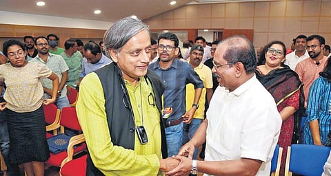 MP Shashi Tharoor arriving to attend the seminar on ‘Future of Jobs in the Times of AI’ at Panampilly Nagar on Saturday. (Photo |  T P Sooraj)