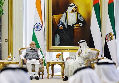 Prime Minister Narendra Modi and UAE President Sheikh Mohamed bin Zayed Al Nahyan during a meeting at Qasr Al-Watan, in Abu Dhabi, Saturday, July 15, 2023. (PTI Photo).