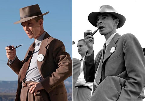 Cillian Murphy as Dr. J. Robert Oppenheimer in a scene from 'Oppenheimer,' and physicist Dr. J. Robert Oppenheimer on the test ground for the atomic bomb near Alamogordo, N.M., on Sept. 9, 1945. | AP