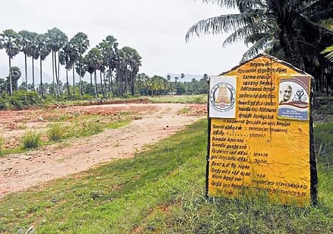 A sum of over Rs 1 lakh was sanctioned to create a pond, but only a small pit was dug and a plaque installed at a cost of `2,000 | S Senbagapandiyan