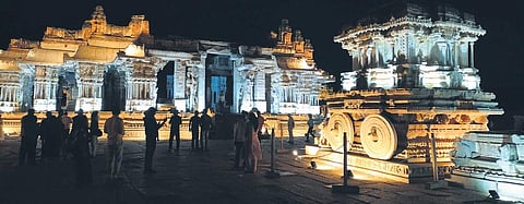 Hampi’s famous Stone Chariot and Vijaya Vittala Temple illuminated on Sunday on the last day of the Third G20 Sherpa meeting  | KPN