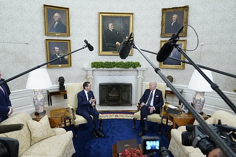 FILE - President Joe Biden and Israel's President Isaac Herzog talk during a meeting in the Oval Office of the White House, Oct. 26, 2022, in Washington. (Photo | AP)