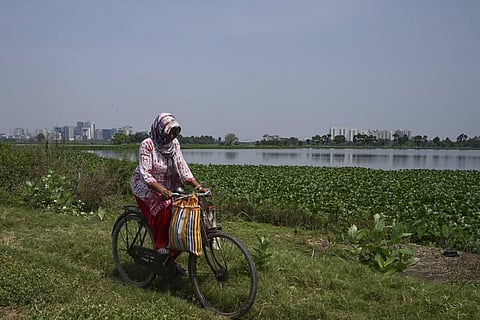 A woman rides a bicycle along a path in the East Calcutta Wetlands area. (AFP)