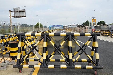Barricades are placed near the Unification Bridge, which leads to the Panmunjom in the Demilitarized Zone in Paju, South Korea, Wednesday, July 19, 2023. (Photo | AP)