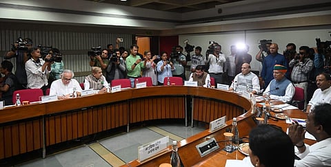 Defence minister Rajnath Singh, Prahlad Joshi, Jairaj Ramesh, Adair Ranjan Chaudhary and others during the all party meeting in New Delhi on Wednesday. (Photo | Shekhar yadav)
