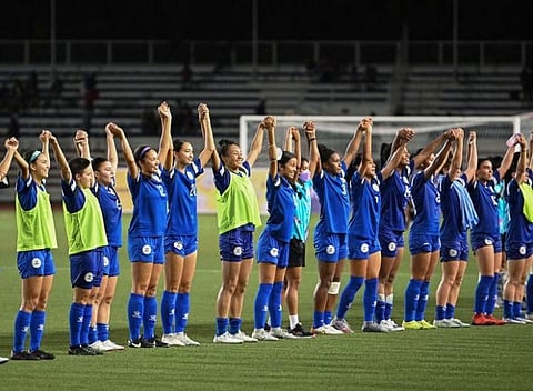 Philippine women's footbal team acknowledge the crowd after defeating Vietnam in the Asian Footbal Federation semi-final match. (Photo | AFP)