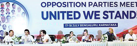 Leaders of Opposition parties at their meeting in Bengaluru on Tuesday to firm up their strategy for the Lok Sabha elections | Nagaraja Ga dekal