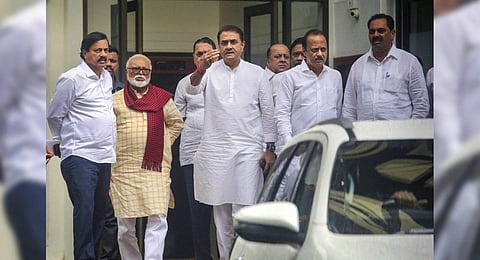 Maharashtra Deputy CM Ajit Pawar along with other party leaders after meeting with NCP president Sharad Pawar in Mumbai (Photo | PTI)
