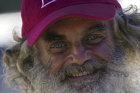 Australian Timothy Lyndsay Shaddock smiles as he speaks during a welcoming ceremony by Grupo Mar after being rescued from sea and arriving to port in Manzanillo, Mexico, Tuesday, July 18, 2023. (AP)