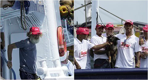 Australian Timothy Lyndsay Shaddock and his dog Bella were rescued by the Mexican boat from his incapacitated catamaran in the Pacific Ocean after being adrift for three months. (Photo | AP)