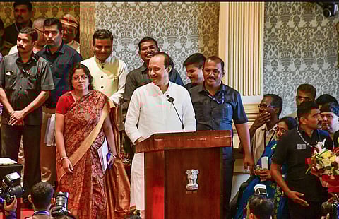 Nationalist Congress Party leader Ajit Pawar takes oath as Maharashtra Deputy Chief Minister, at Raj Bhavan, in Mumbai, Sunday, July 2, 2023. (PTI Photo)