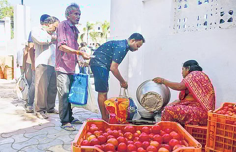 Consumers stand in a queue to buy tomatoes at a subsidised price of `50 a kg  at a Rythu Bazaar in Vijayawada on Saturday | Prasant Madugula