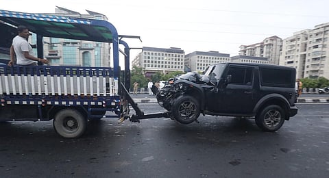 A damaged vehicle after an accident in Ahmedabad, Thursday, July 20, 2023. At least 9 dead, 13 injured in a major accident involving multiple vehicles at ISKCON flyover. (PTI)