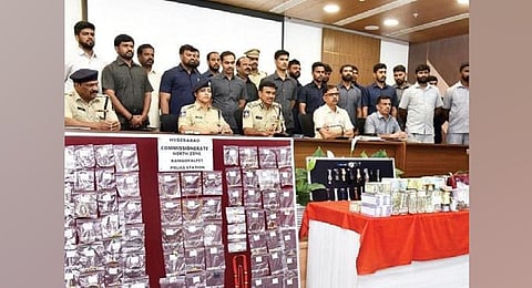 Commissioner of Police CV Anand addresses media personnel about the modus operandi of the accused on Wednesday. (Photo | Vinay Madapu)