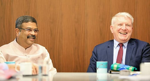 Union Minister Dharmendra Pradhan meets with Australian enovy Brendan O'Connor in New Delhi on Thursday.