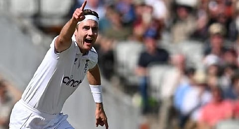England's Stuart Broad celebrates after taking his 600th wicket, that off Australia's Travis Head. (Photo | AFP)